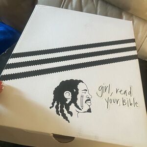 White Box with Black Stripes and Graphic